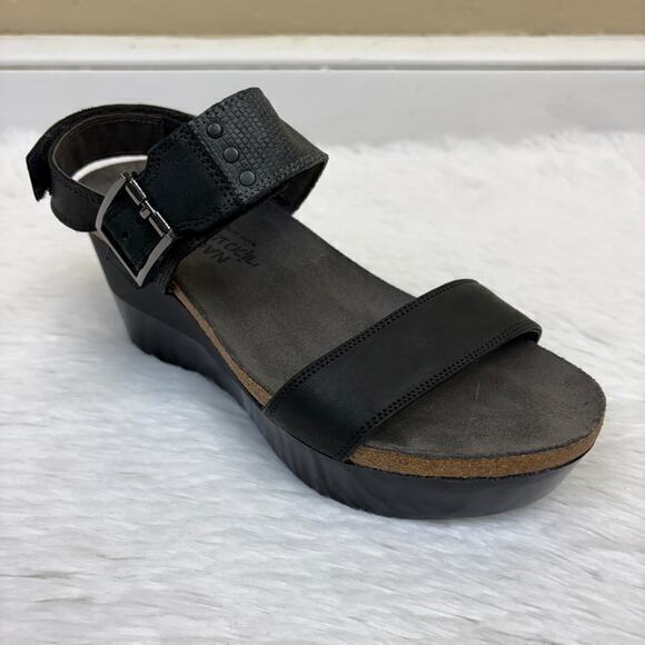 NAOT Women's Alpha Black Leather Wedge Sandal Size EU 37 US 6-6.5 - Picture 1 of 9